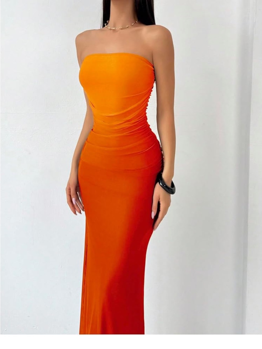 Amazon Strapless Orange Bodycon Maxi Dress with Ruched Waist